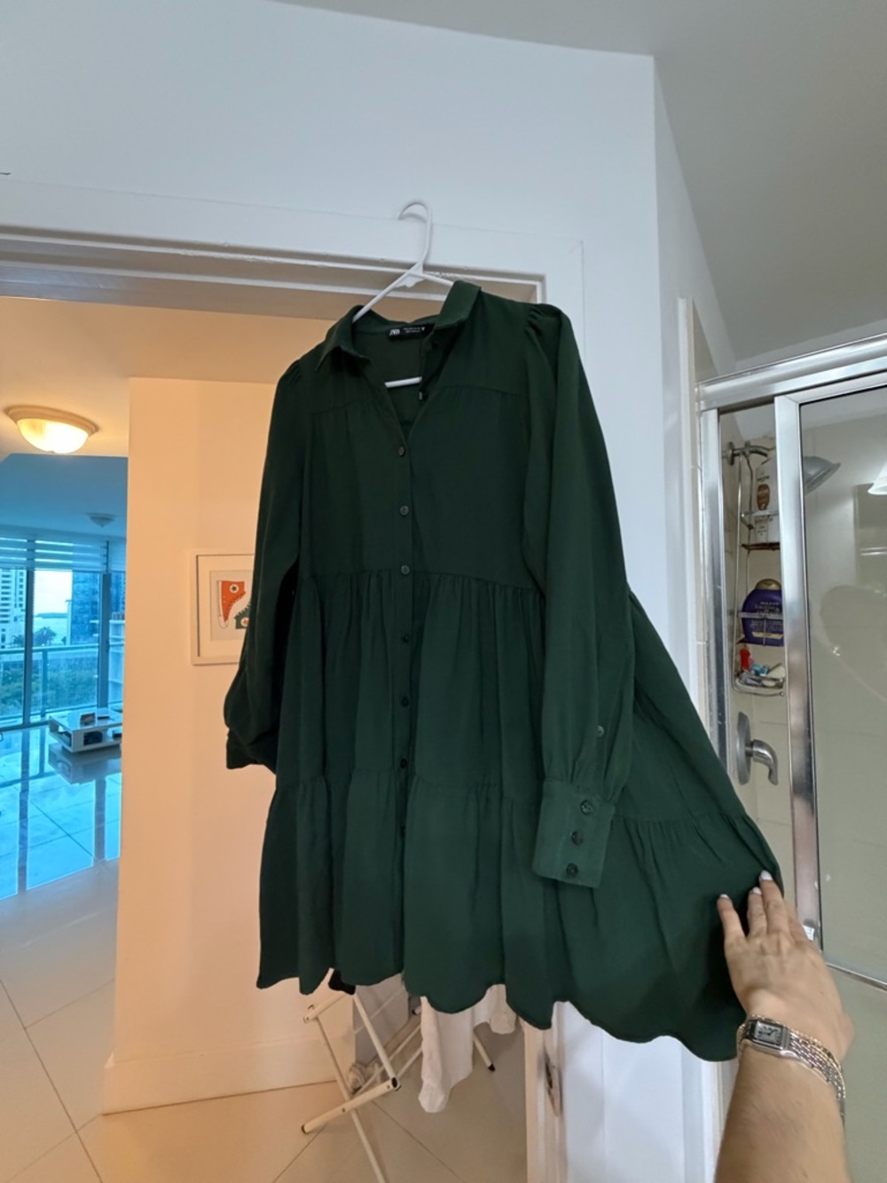 Zara Dark Green Long-Sleeve Tiered Button Dress